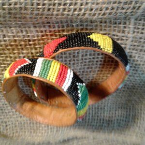 Native American Leather inside Vintage Multicolor Seed Beaded Set of 2